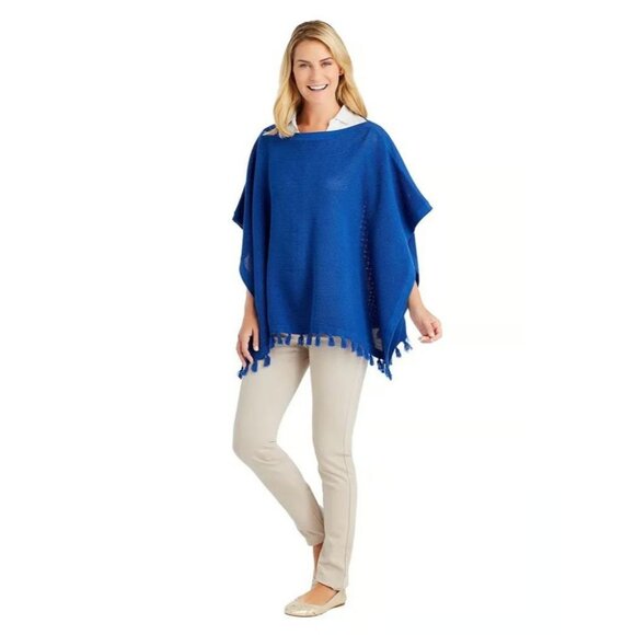 J MCLAUGHLIN Asha Light Blue 100% Cotton Open Knit Tasseled Poncho, One Size - Picture 13 of 14